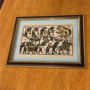 Vintage Vietnamese Paper Handpainted Folk Art Framed Dong Ho ‘Mice Wedding’